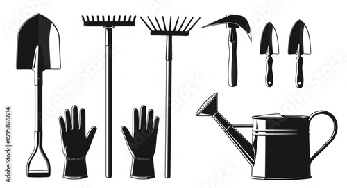Gardening Tools Silhouette Collection Including Rakes Shovels and Watering Can.