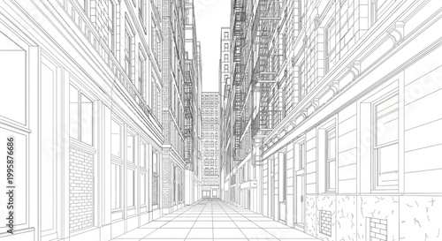 Detailed wireframe rendering of a city street with tall buildings and a strong perspective.