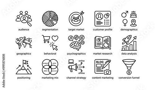 Marketing concept icons arranged in labeled grid on white