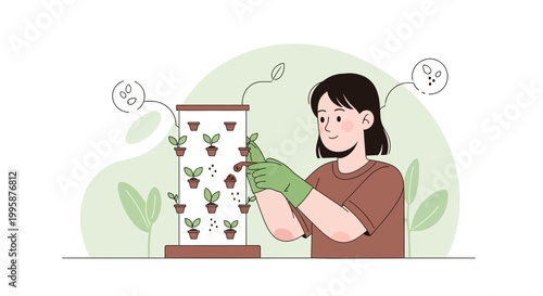 Young Woman Tending Vertical Hydroponic Garden with Seedlings and Plants