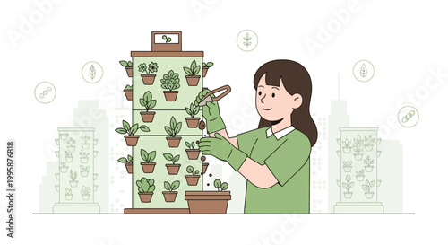 Young woman tending to a vertical garden in a city, promoting urban farming and sustainability.