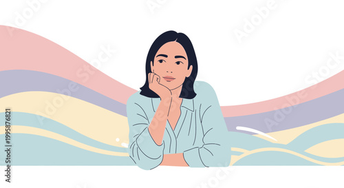Young woman with thoughtful expression, resting chin on hand, pastel wavy background