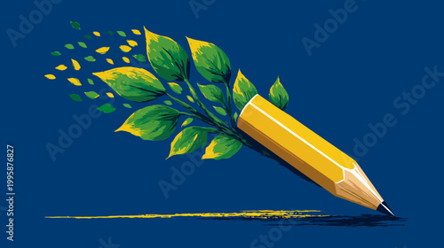 A yellow pencil with a branch of green leaves extending from the eraser, creating a nature-inspired design