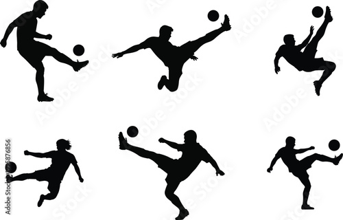 Soccer player silhouette vector illustration, dynamic kicking poses, football action design, sports athlete movement art, ball control skill artwork