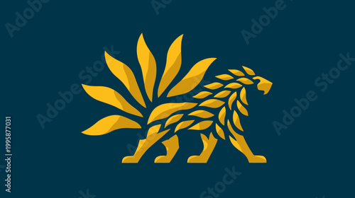 A regal feline composed of golden shapes, with a fan-like tail, on a deep blue background