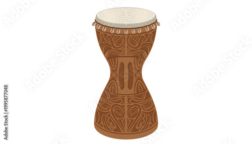 minimalist flat vector of a traditional kundu drum with tribal carving patterns on transparent background