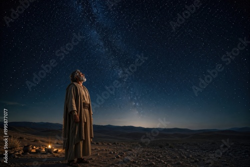 abraham standing in a silent desert beneath a sky full of stars, contemplating god's promise of countless descendants in a biblical night scene filled with faith, wonder and destiny