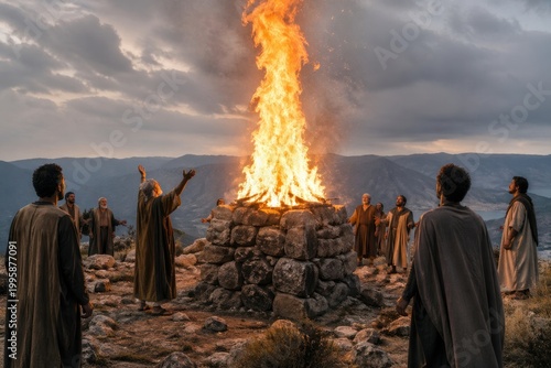 fire descending upon the altar on mount carmel as witnesses stand in awe, a dramatic biblical scene of divine power, prophetic vindication and overwhelming sacred revelation