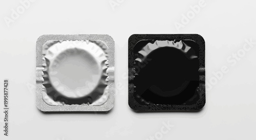 Two Condom Packets, One Silver, One Black, Isolated on White Background