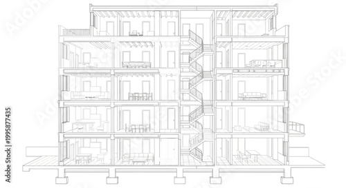 Detailed architectural cross-section drawing of a multi-story residential building with interior layouts and a central staircase.