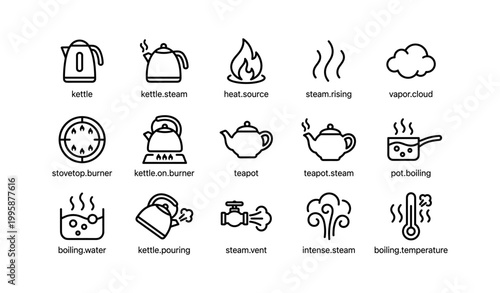 Boiling and steam icons arranged in grid depicting kettles and pots