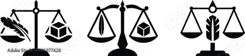 Minimalist Vector Icon Set of Justice Scales Featuring Conceptual Feather and Cube Weights