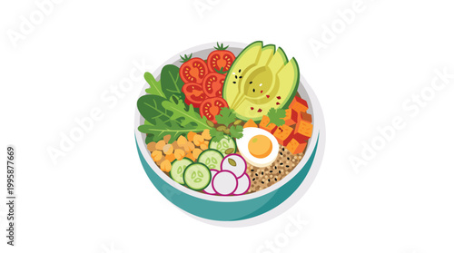 Balanced Bowl: A vibrant and nutritious bowl bursts with an array of fresh ingredients. This image evokes feelings of health, vitality, and mindful eating.