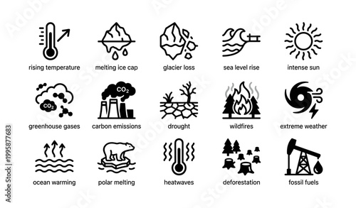 Climate change icons depicting impacts and causes on white background