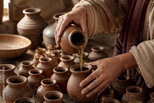 hands pouring oil into many clay jars inside a modest home, a biblical miracle scene of elisha and the widow where scarcity turns into provision through quiet faith and ordinary vessels