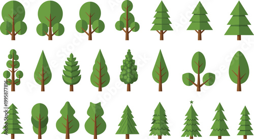 Cartoon Tree Set with Various Forest and Evergreen Trees for Nature, Park, and Landscape Vector Illustration.