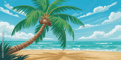Coconut palm tree on a tropical beach by the ocean with clear sky and sandy shore creating a peaceful island paradise scene