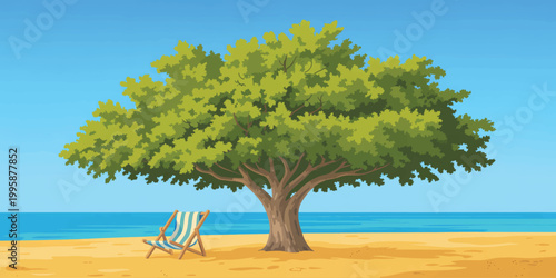 A tropical beach with palm trees by the sea under a clear sky