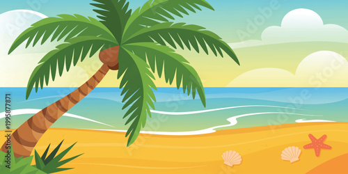 A tropical beach with palm trees by the shore