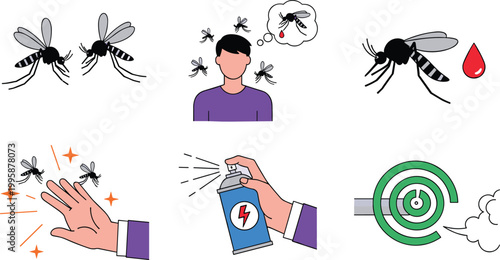 Mosquito protection and insect prevention vector set featuring mosquito bites repellent spray smoking coil blood drop and pest control icons for healthcare and safety