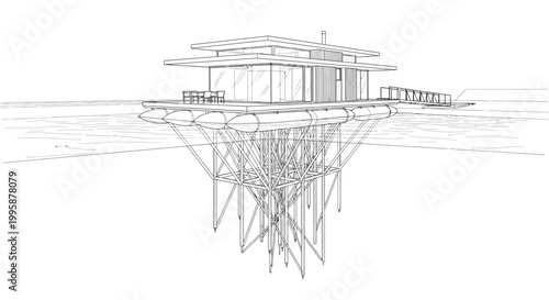 Architectural sketch of a modern floating house with a complex underwater support structure on calm water.
