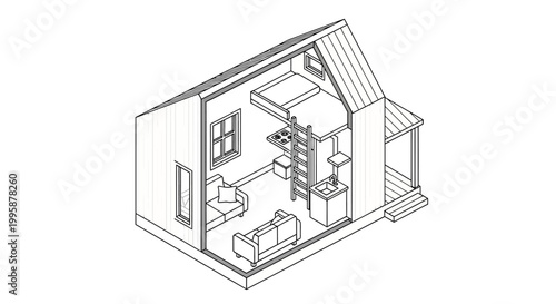Isometric line drawing of a tiny house interior with living area, kitchen, and loft bedroom.