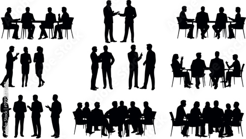 Collection of business people silhouettes in meetings, discussions, and teamwork scenes representing corporate communication, collaboration, negotiation, and professional office environments
