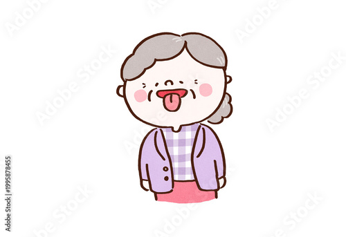Bilde på lerret Elderly woman sticking her tongue out with a smile, oral frailty prevention and