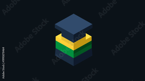 Isometric, colorful, geometric illustration of a cuboid form with stacked layers against a dark backdrop