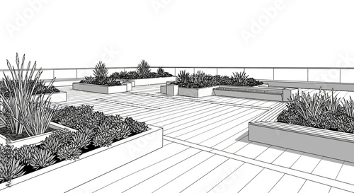 Architectural sketch of a modern rooftop garden with various planters and pathways.