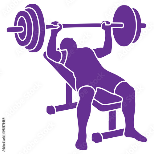 Purple silhouette of a weightlifter performing a bench press exercise in a gym setting