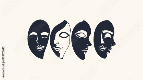 Four stylized masks in a row, with alternating black and white color blocking