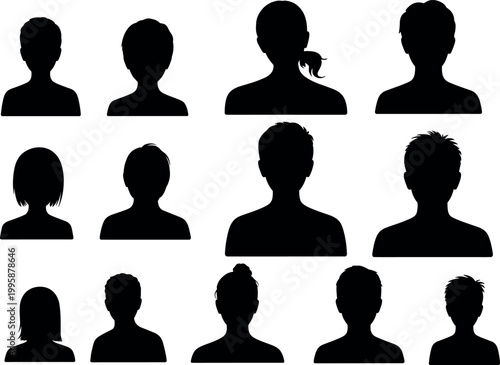 Collection of human head silhouettes featuring diverse men and women front view portraits isolated on white background for avatar use
