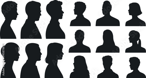 Collection of male and female side profile silhouette avatars showing diverse people, anonymous users, and generic social media identity icons