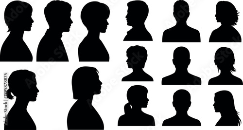 Collection of male and female side profile silhouette avatars representing diverse people, anonymous users, and generic social media identity icons