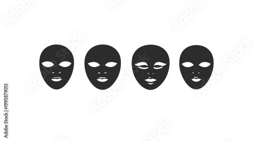 Four stylized masks with simple facial features against a white background