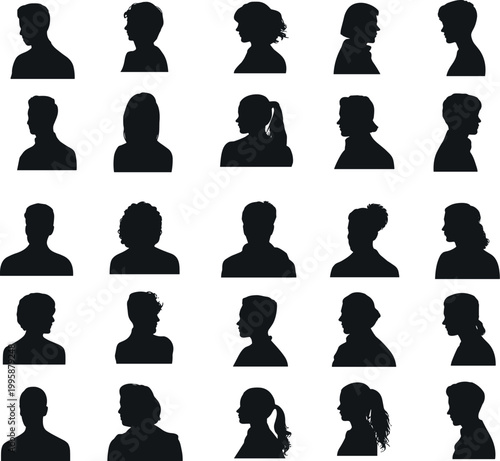 Set of diverse human profile silhouettes showing men and women side views isolated on white background for avatar design use
