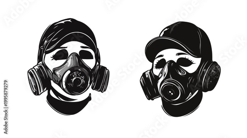 Two monochrome illustrations, faces wearing gas masks and different head coverings, white background