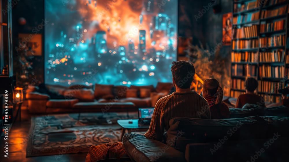 Obraz premium A group of people watch a holographic projection of a futuristic cityscape during a book club meeting in a cozy living room.