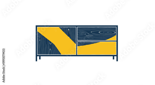 Modern Wooden Cabinet with Geometric Yellow Accents and Wood Grain Texture
