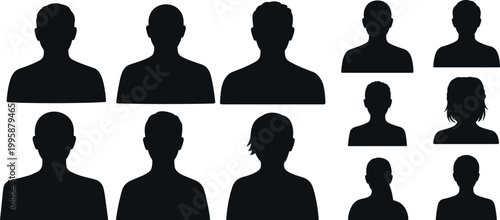 Set of human silhouette avatars in front view showing diverse male and female users, anonymous profiles, and generic social media icons