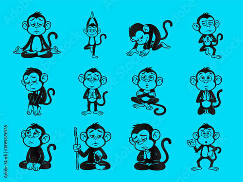 Adorable Cartoon Monkey Character Set: Emotions, Yoga, and Various Poses Vector