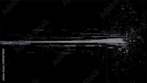 Abstract glitch background with white digital distortion lines on black screen. Cyber network interference effect and corrupted data stream. Technology texture for futuristic design.