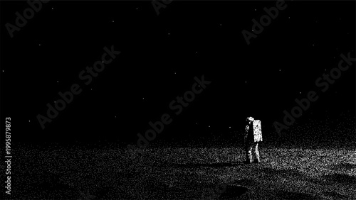 Astronaut standing alone on a lunar surface gazing at the dark starry sky. Monochrome space illustration of a space explorer on a cosmic journey. Discovery and exploration concept.