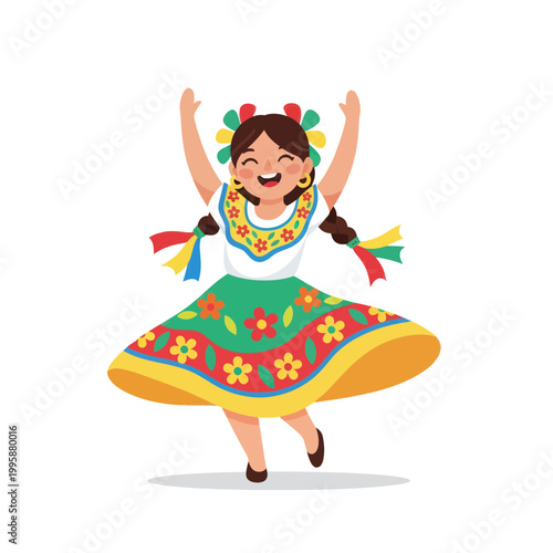 Happy Mexican Girl Dancing in Traditional Folkloric Dress
