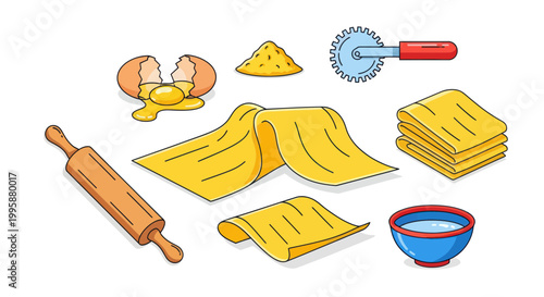 Homemade Pasta Making Ingredients and Tools, Fresh Dough, Eggs, Rolling Pin