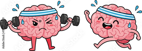 Cartoon brain characters exercising with dumbbells and running to represent mental health brain training intelligence fitness and cognitive wellness flat vector illustration set