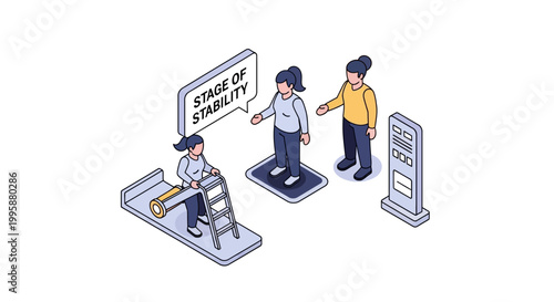 Isometric Illustration of People and Stability Assessment Concept.