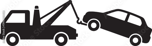 Tow truck service pulling broken passenger vehicle icon.