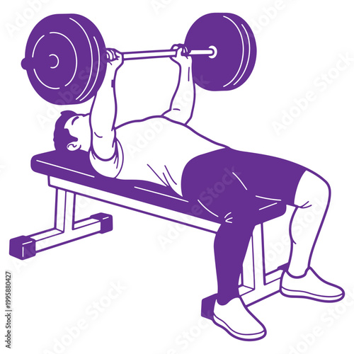 Man performing bench press exercise with barbell weights in gym setting fitness and strength training concept